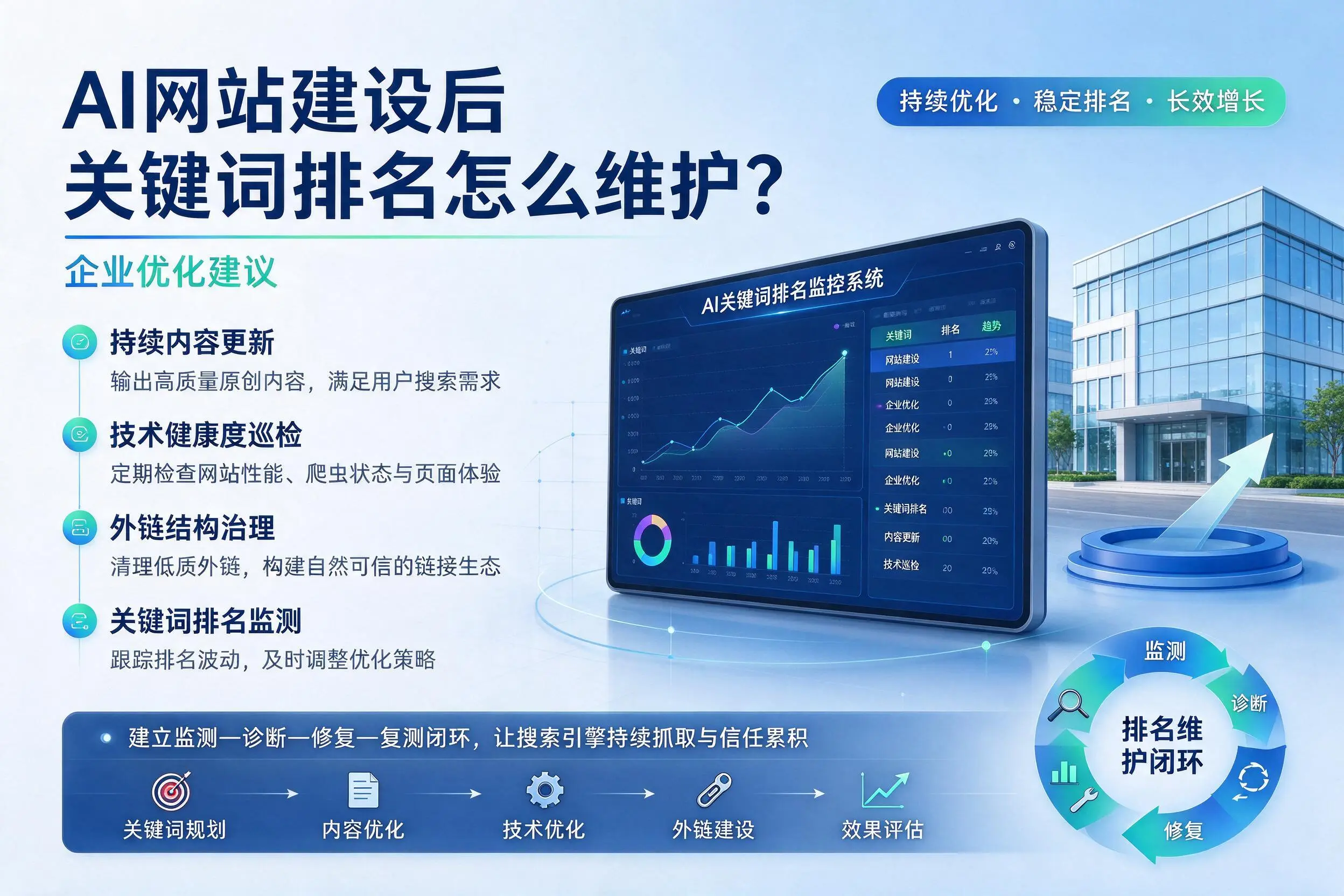 AI网站建设后关键词排名怎么维护?徐州企业优化建议