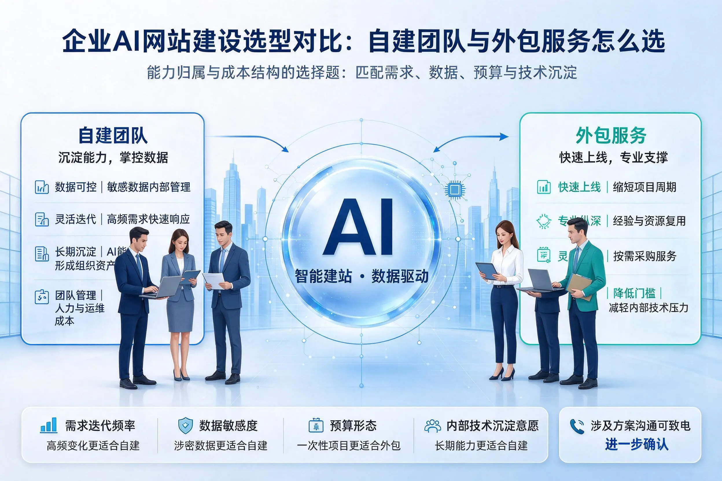 徐州企业AI网站建设选型对比:自建团队与外包服务怎么选